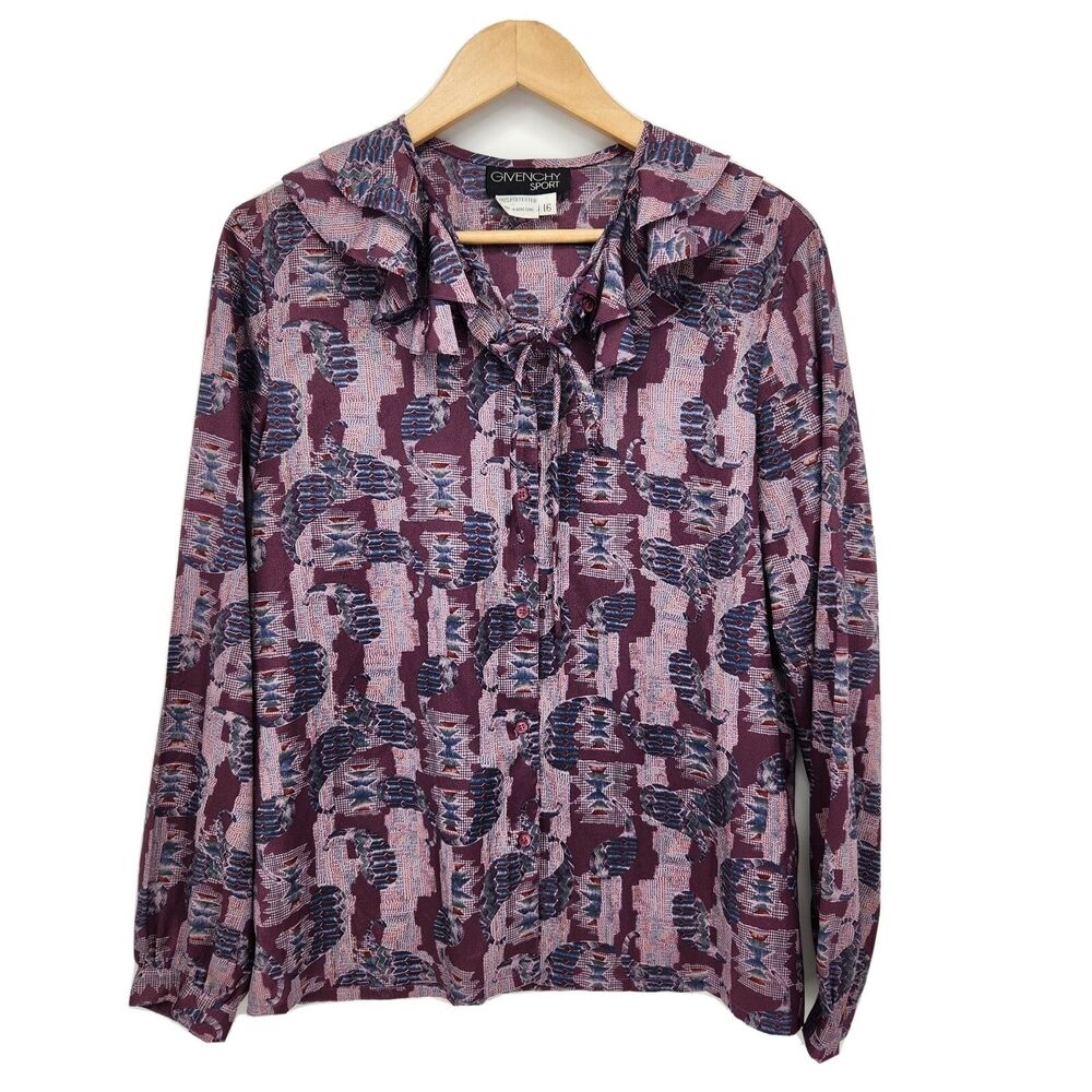 Vintage Givenchy Sport Button Front Blouse Ruffles Paisley Aztec Print Size 16